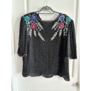 Scala 100% Silk Sequin Boxy Top Size S Black Scalloped‎ Hem Embellished Festive